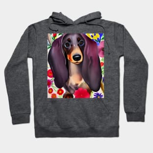 Dachshund Dog Puppy Whimsical Portrait Hiding in Wildflowers Secret Garden Digital Art Watercolor Painting Hoodie